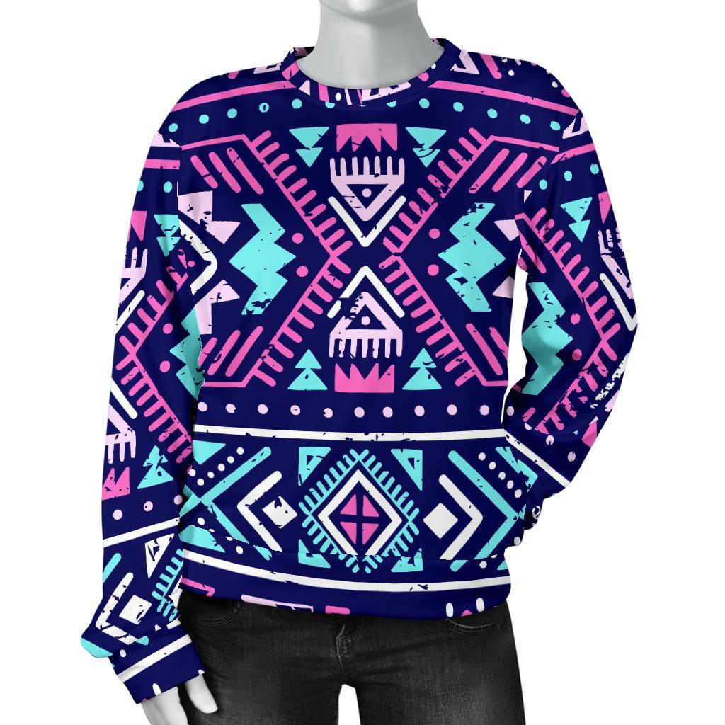 Blue And Pink Aztec Pattern Print Women's Crewneck Sweatshirt GearFrost