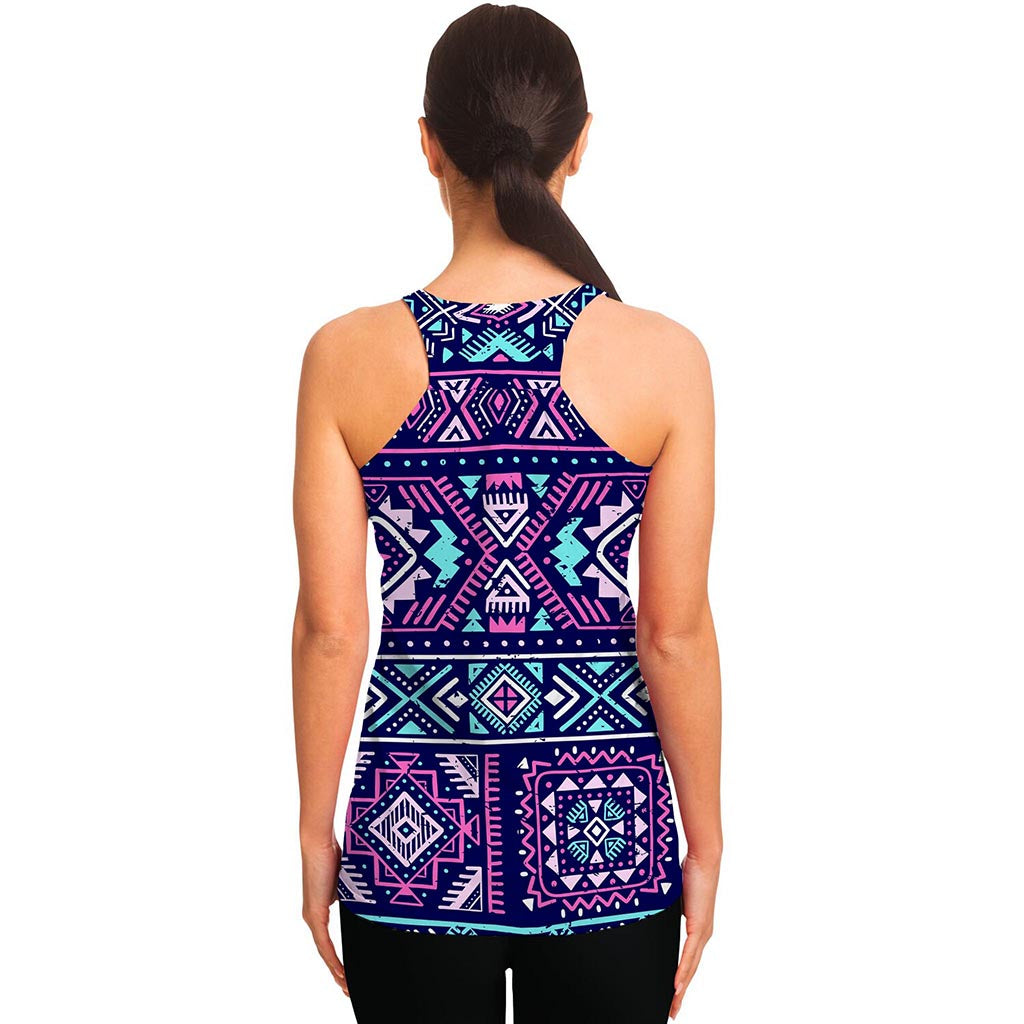 Blue And Pink Aztec Pattern Print Women's Racerback Tank Top