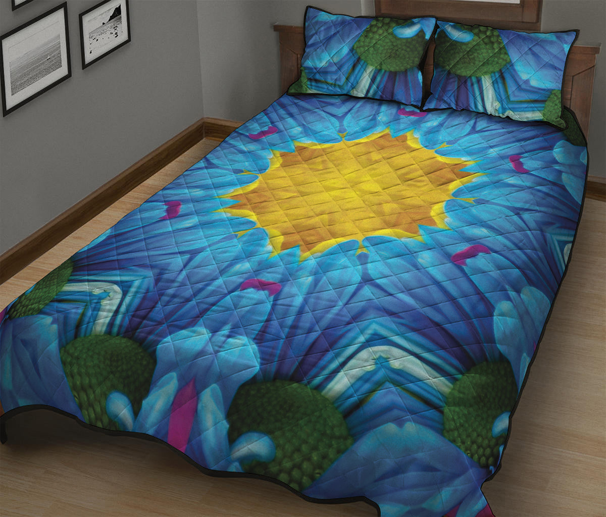 Blue And Pink Flowers Kaleidoscope Print Quilt Bed Set