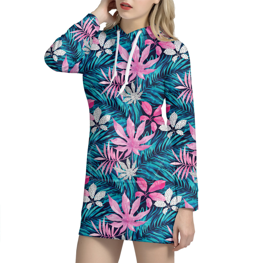 Blue And Pink Watercolor Hawaiian Print Hoodie Dress
