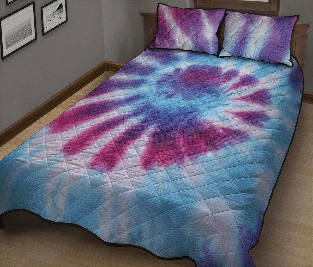 Blue And Purple Spiral Tie Dye Print Quilt Bed Set