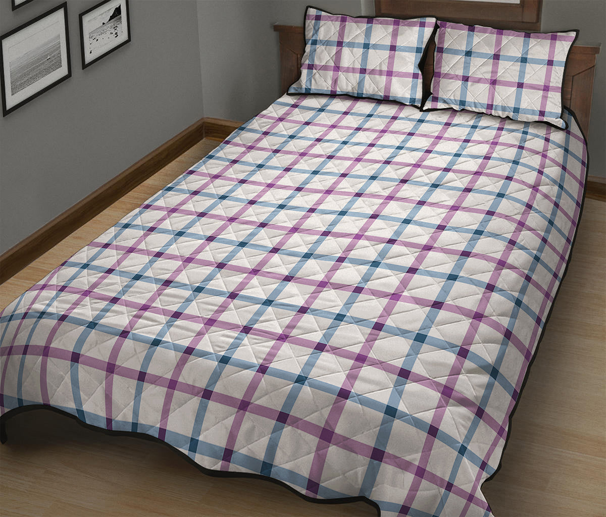 Blue And Purple Tattersall Pattern Print Quilt Bed Set