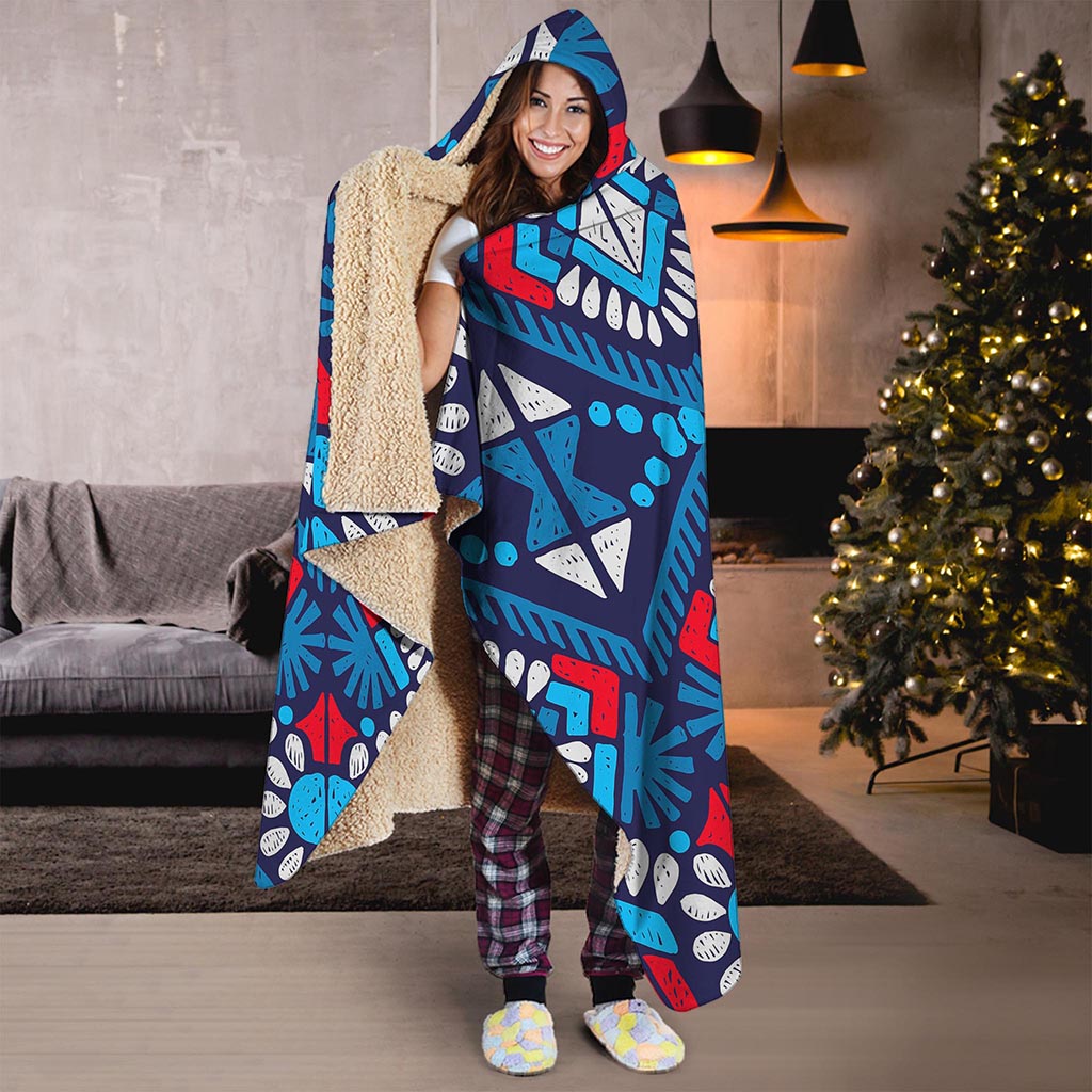 Blue And Red Aztec Pattern Print Hooded Blanket