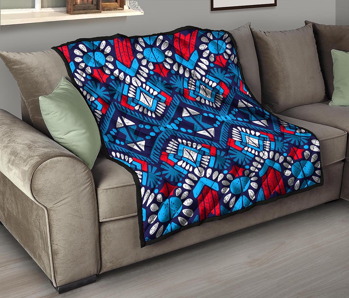 Blue And Red Aztec Pattern Print Quilt