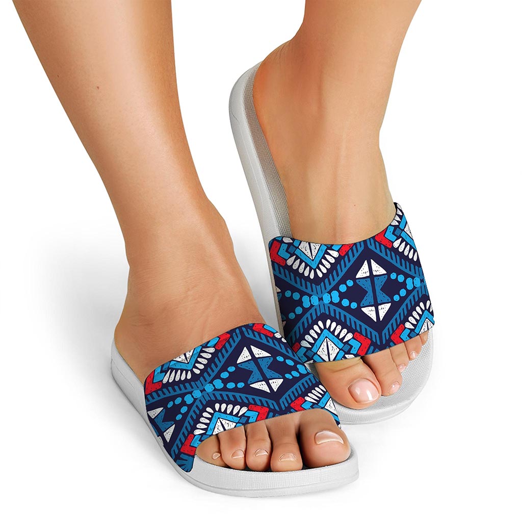 Blue And Red Aztec Pattern Print White Slide Sandals