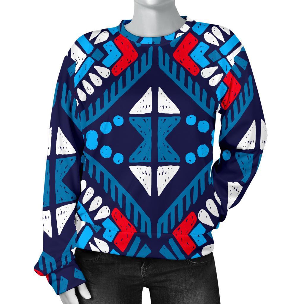 Blue And Red Aztec Pattern Print Women's Crewneck Sweatshirt GearFrost