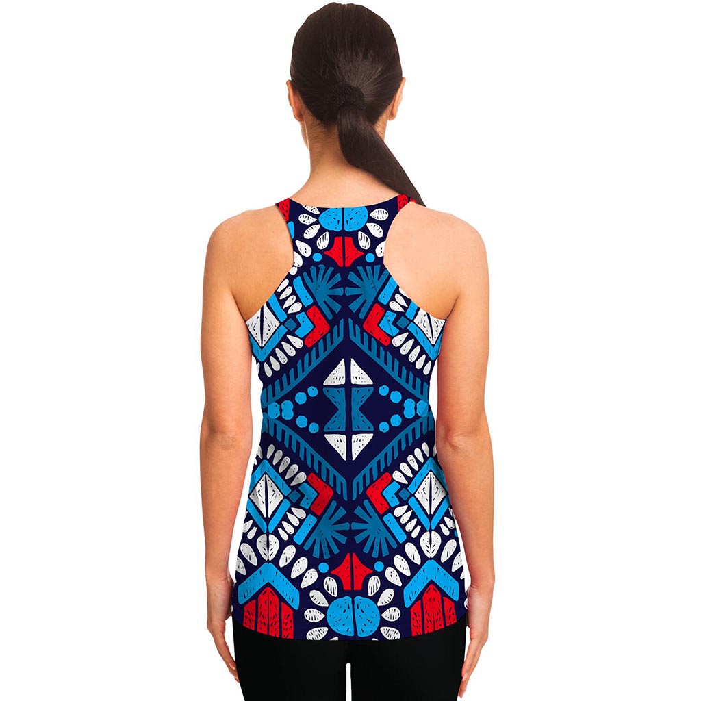 Blue And Red Aztec Pattern Print Women's Racerback Tank Top