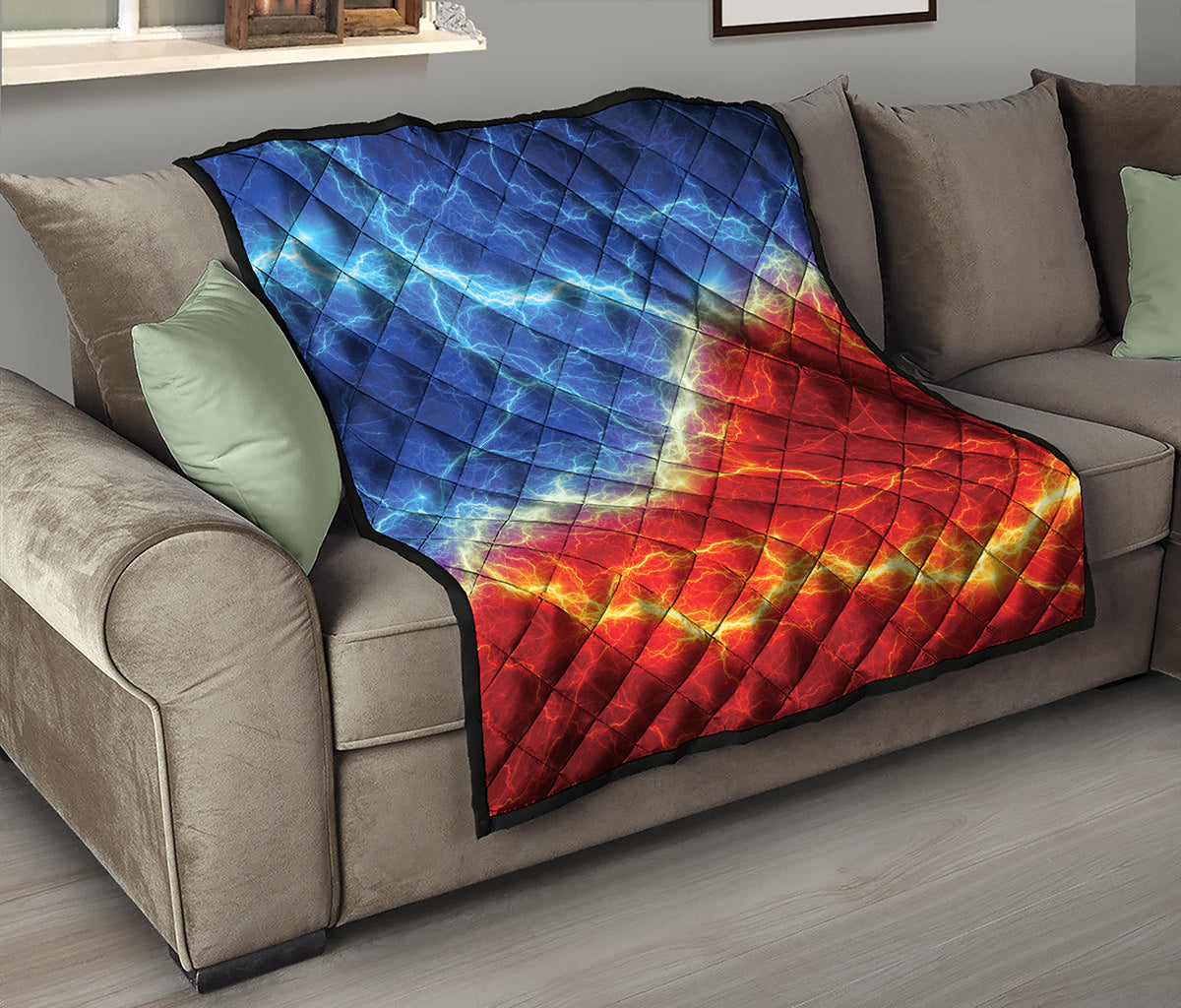 Blue And Red Lightning Print Quilt
