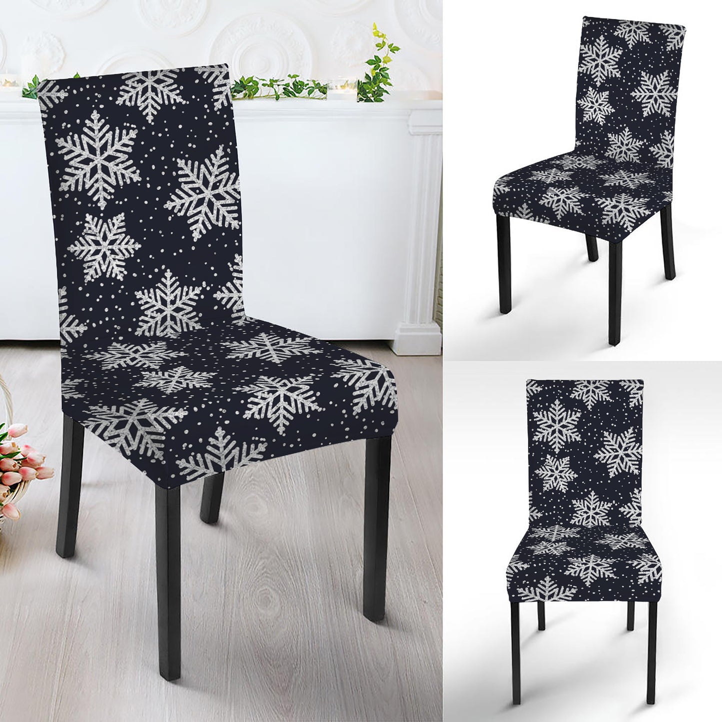 Blue And Silver Snowflake Pattern Print Dining Chair Slipcover