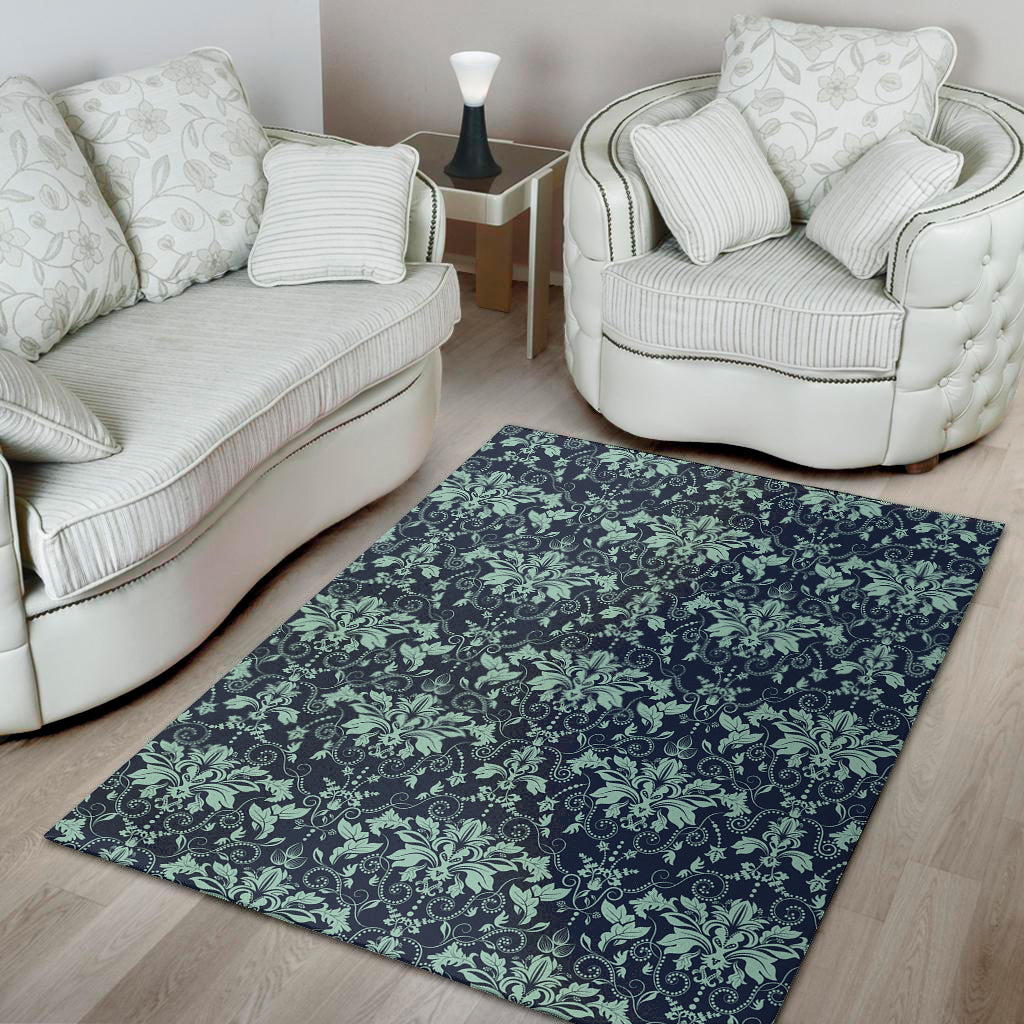 Blue And Teal Damask Pattern Print Area Rug