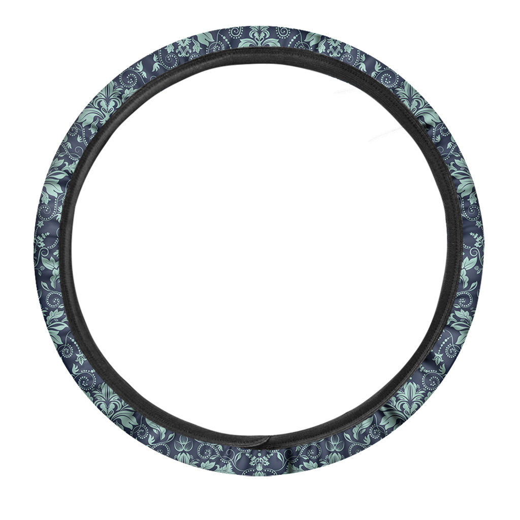 Blue And Teal Damask Pattern Print Car Steering Wheel Cover