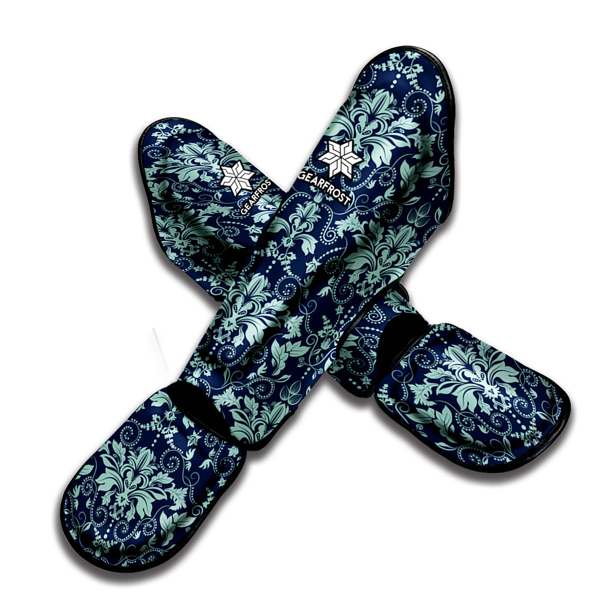 Blue And Teal Damask Pattern Print Muay Thai Shin Guard