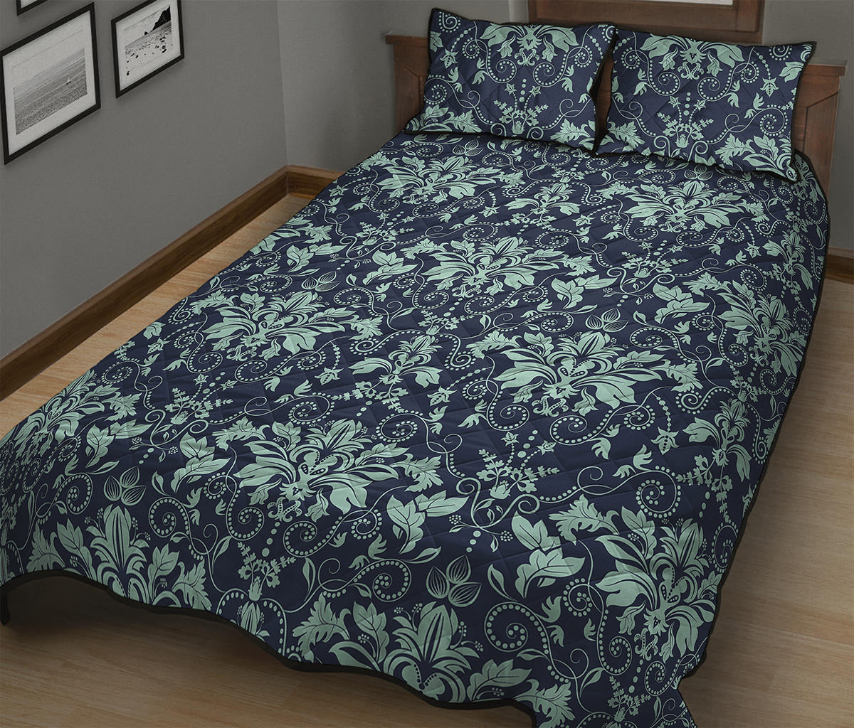 Blue And Teal Damask Pattern Print Quilt Bed Set