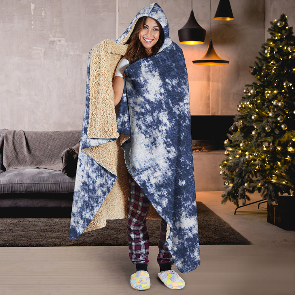 Blue And White Acid Wash Tie Dye Print Hooded Blanket