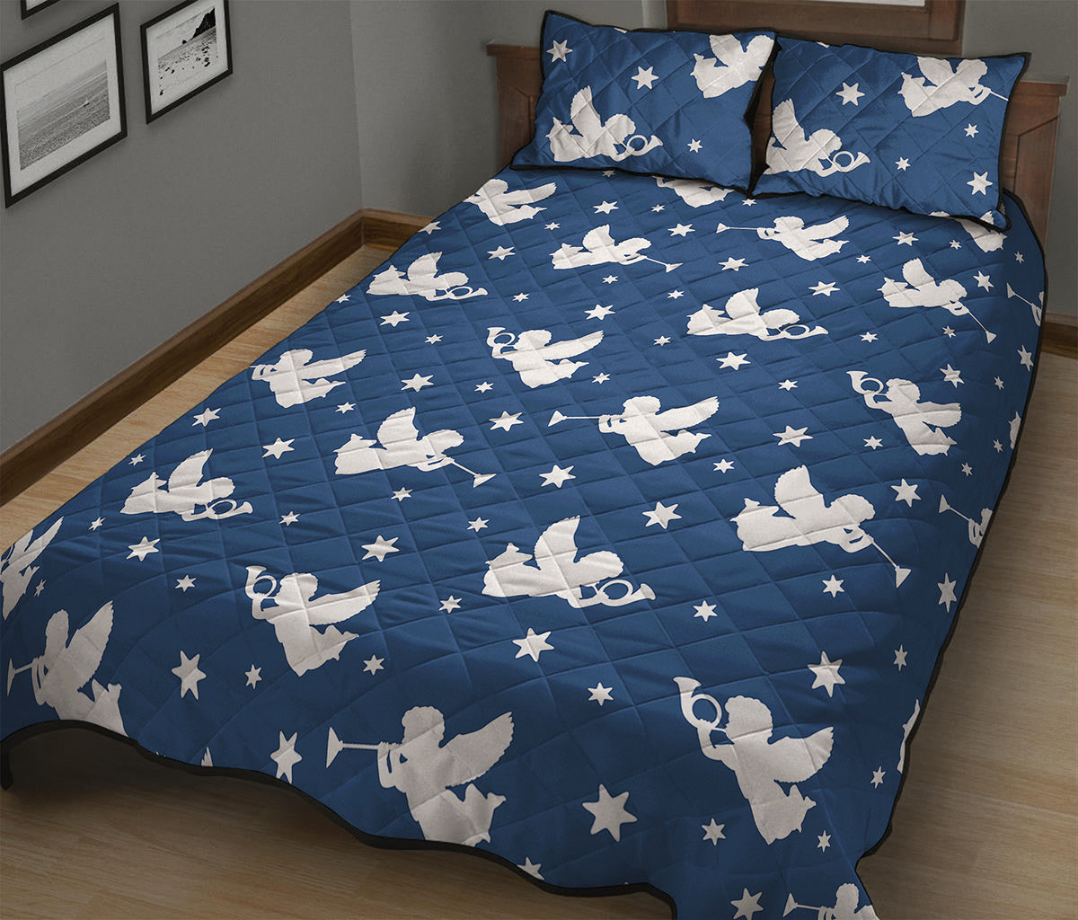 Blue And White Angel Pattern Print Quilt Bed Set