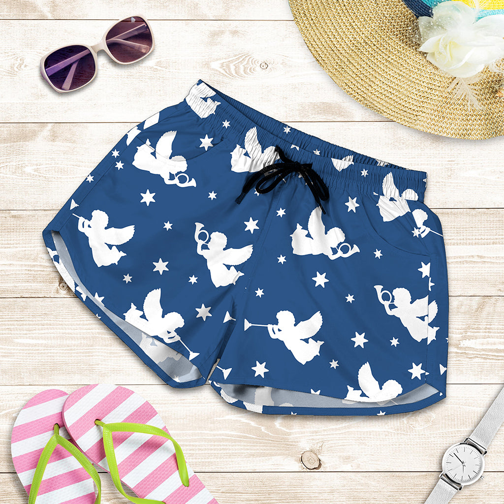 Blue And White Angel Pattern Print Women's Shorts