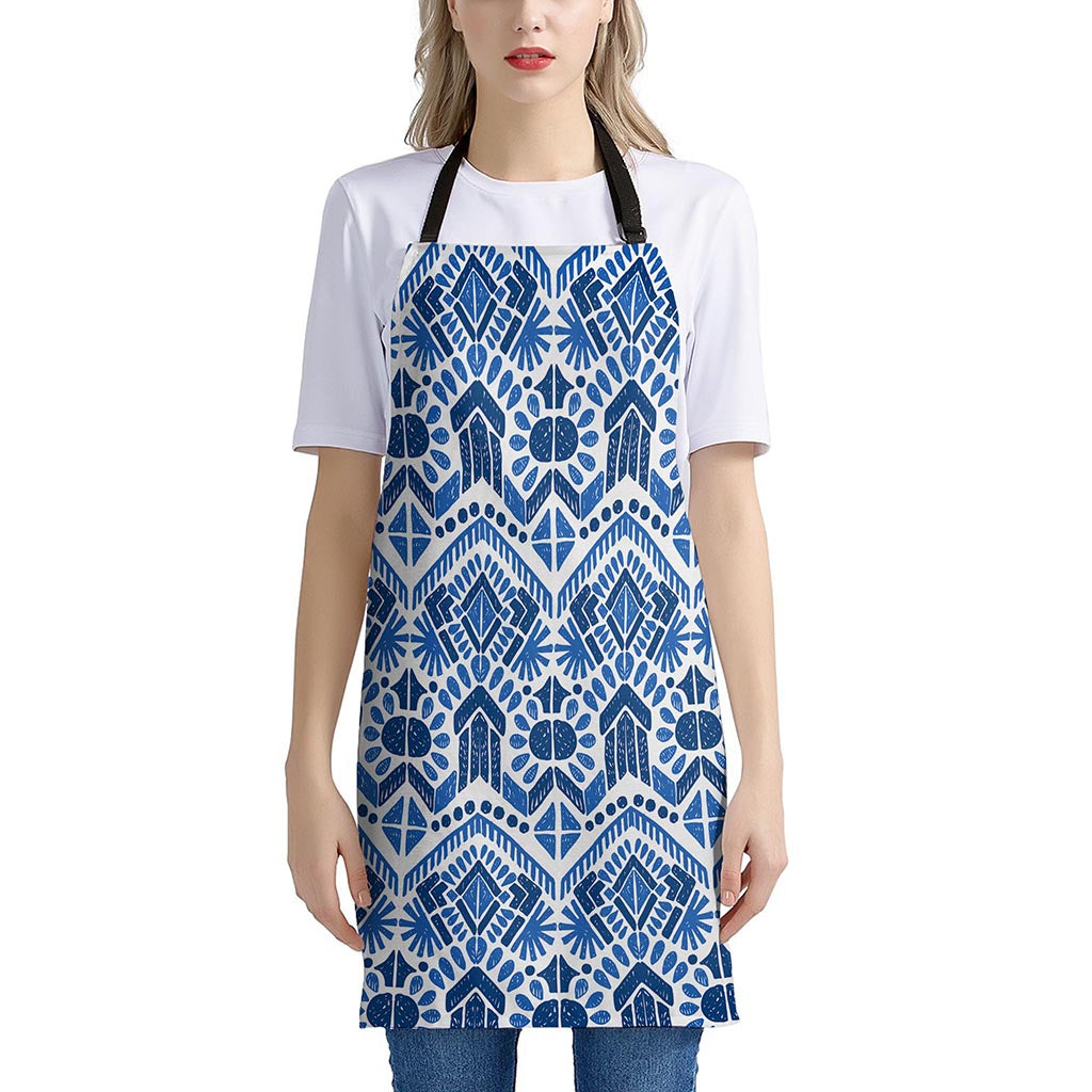 Blue And White Aztec Pattern Print Apron