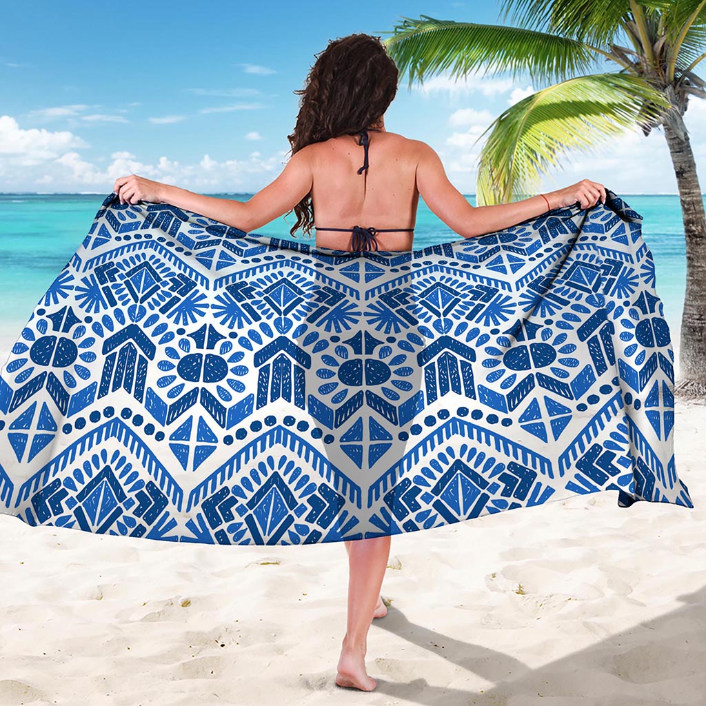Blue And White Aztec Pattern Print Beach Sarong Wrap