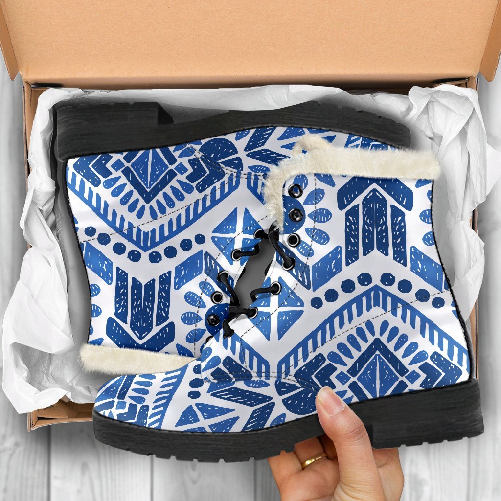 Blue And White Aztec Pattern Print Comfy Boots GearFrost