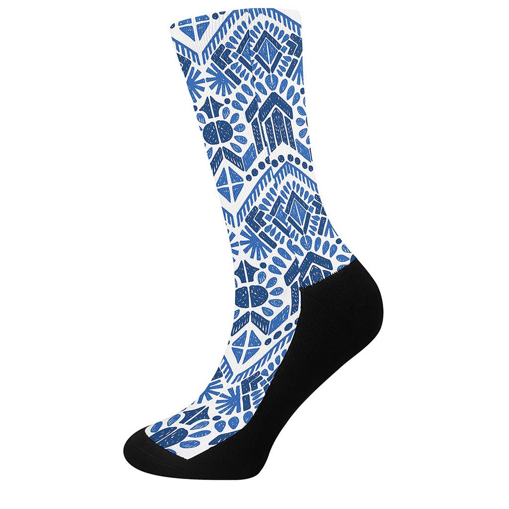 Blue And White Aztec Pattern Print Crew Socks
