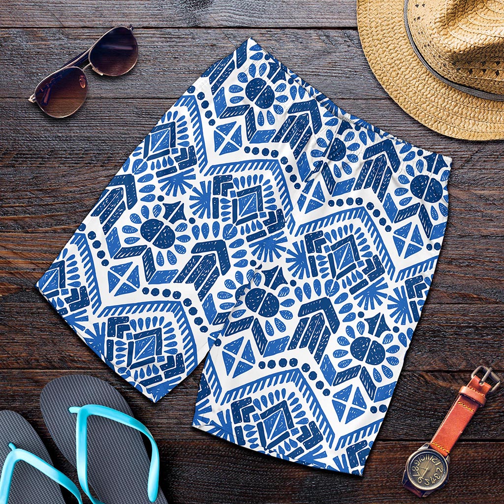 Blue And White Aztec Pattern Print Men's Shorts