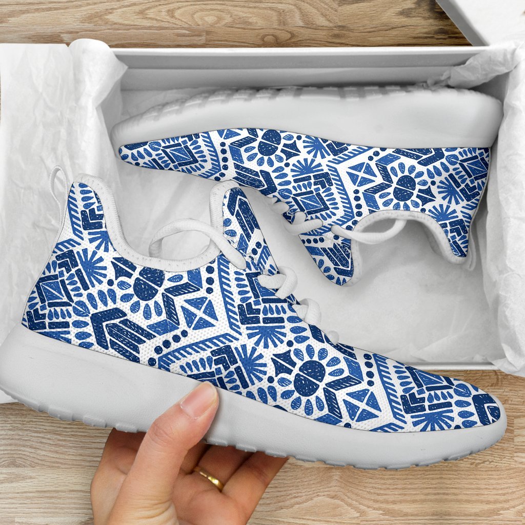 Blue And White Aztec Pattern Print Mesh Knit Shoes GearFrost