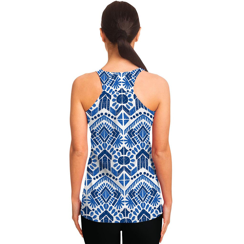 Blue And White Aztec Pattern Print Women's Racerback Tank Top