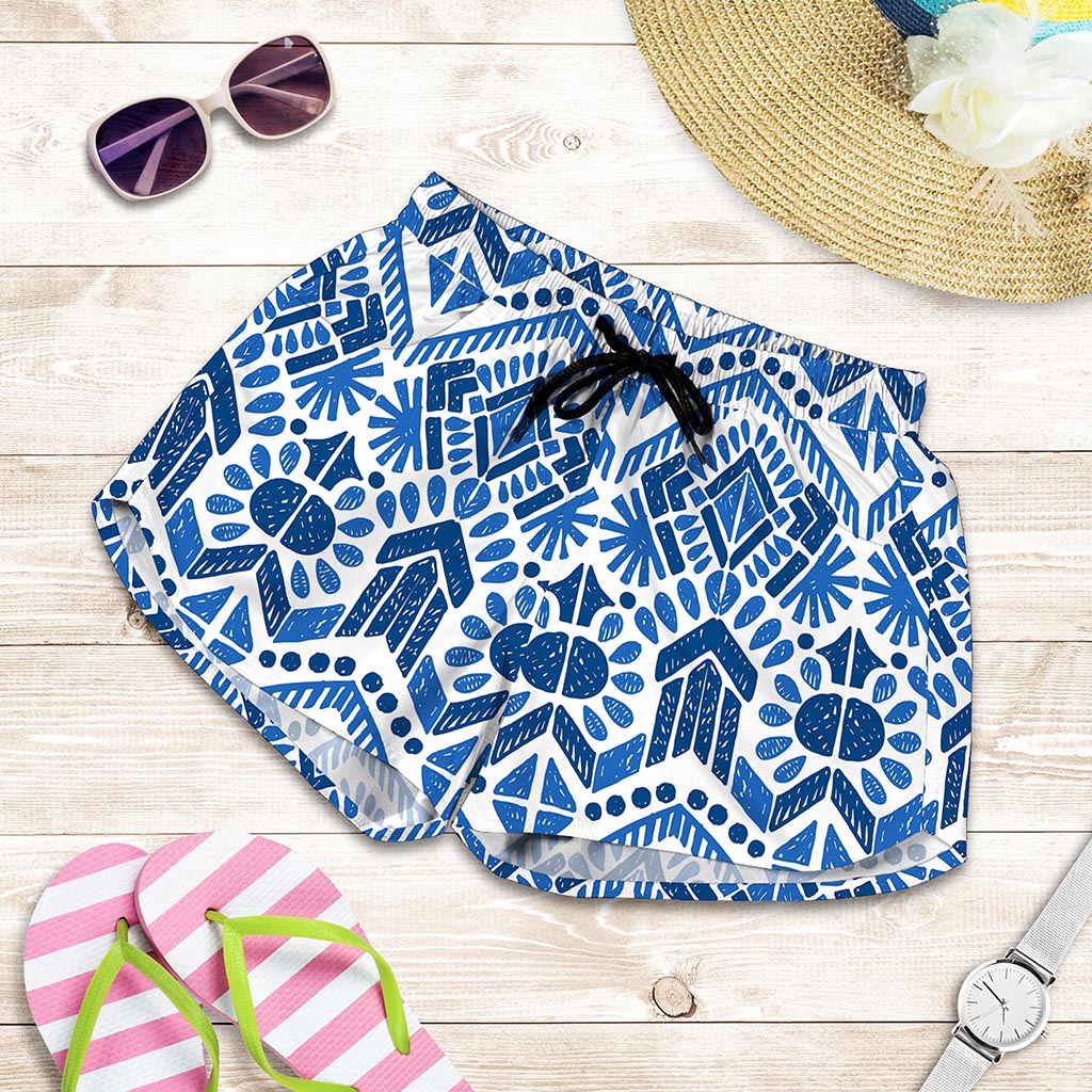 Blue And White Aztec Pattern Print Women's Shorts