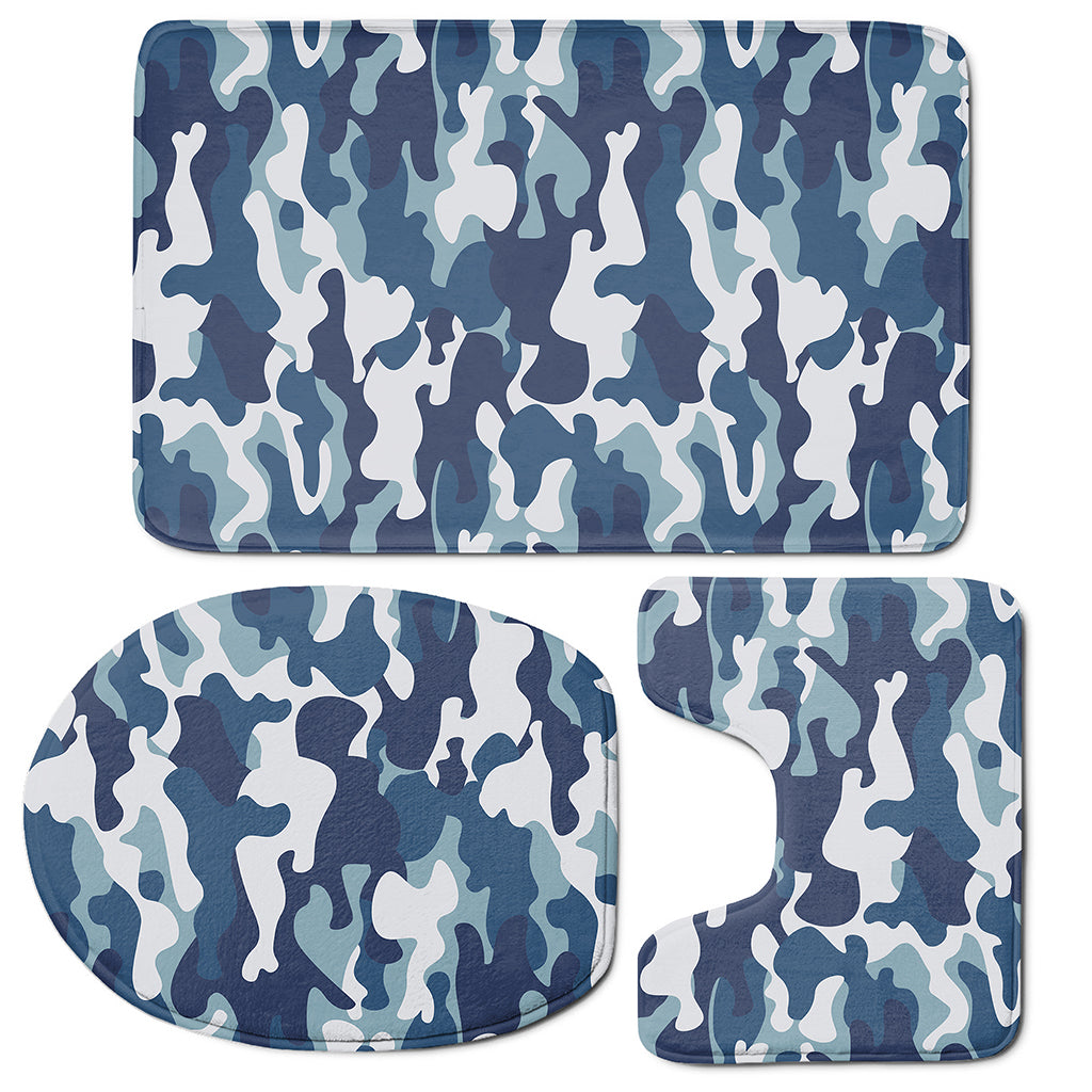 Blue And White Camouflage Print 3 Piece Bath Mat Set