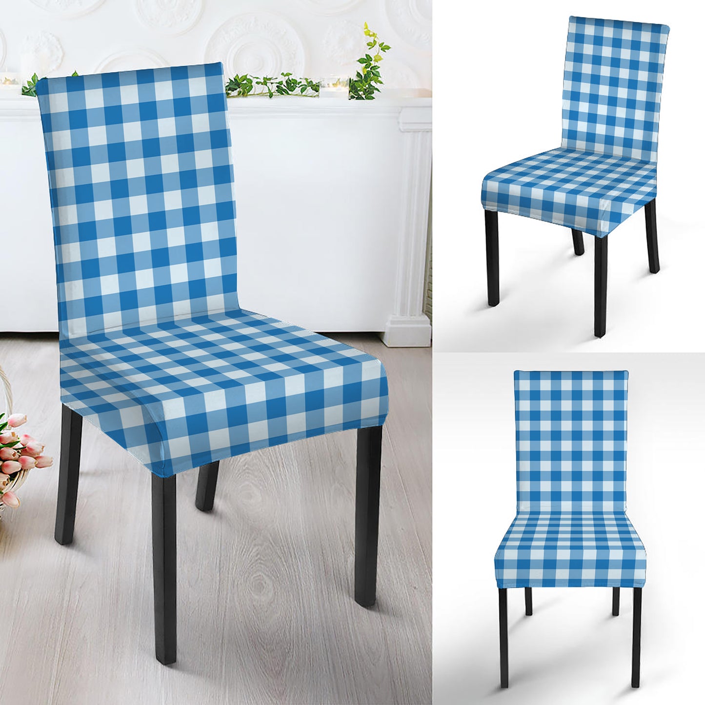 Blue And White Check Pattern Print Dining Chair Slipcover