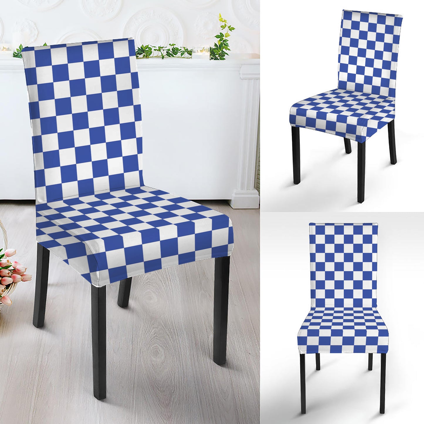 Blue And White Checkered Pattern Print Dining Chair Slipcover