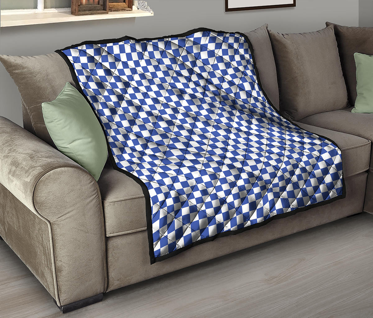 Blue And White Checkered Pattern Print Quilt
