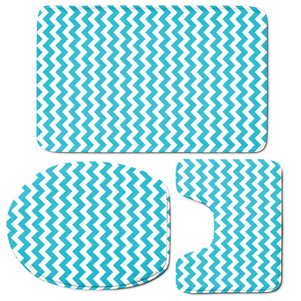 Blue And White Chevron Pattern Print 3 Piece Bath Mat Set