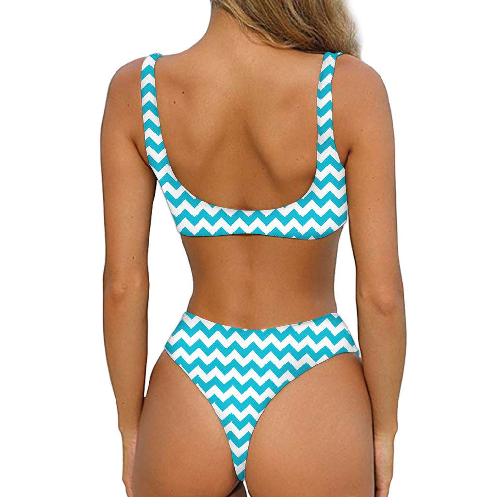 Blue And White Chevron Pattern Print Front Bow Tie Bikini