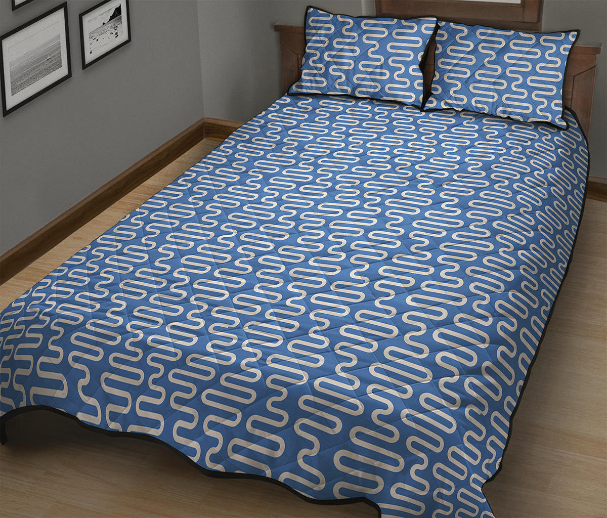Blue And White DNA Pattern Print Quilt Bed Set