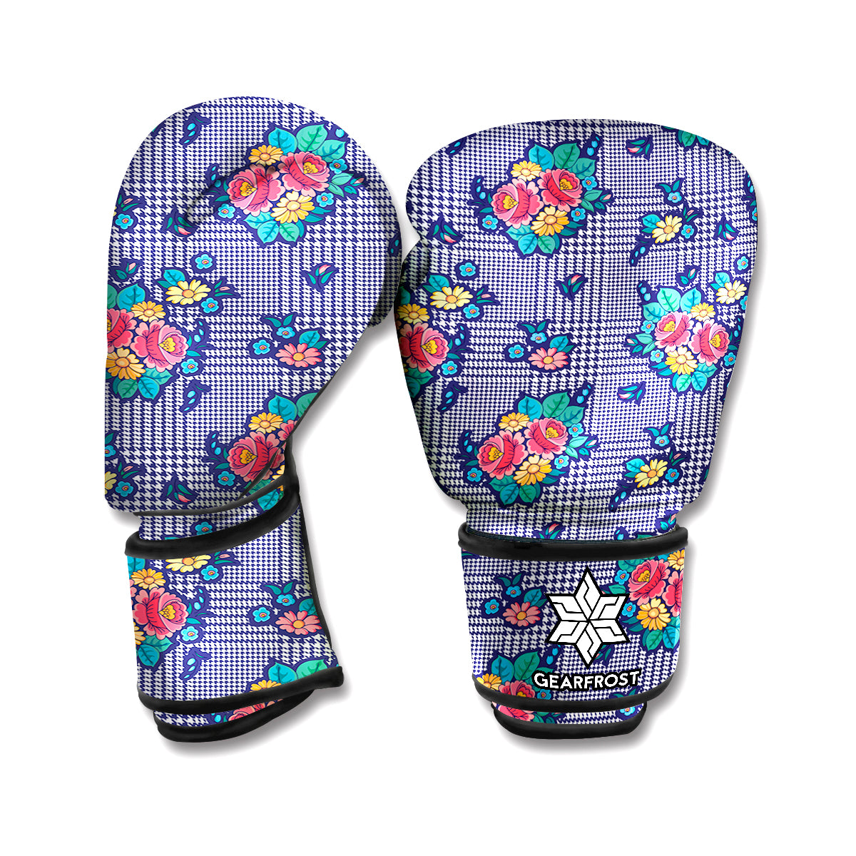 Blue And White Floral Glen Plaid Print Boxing Gloves