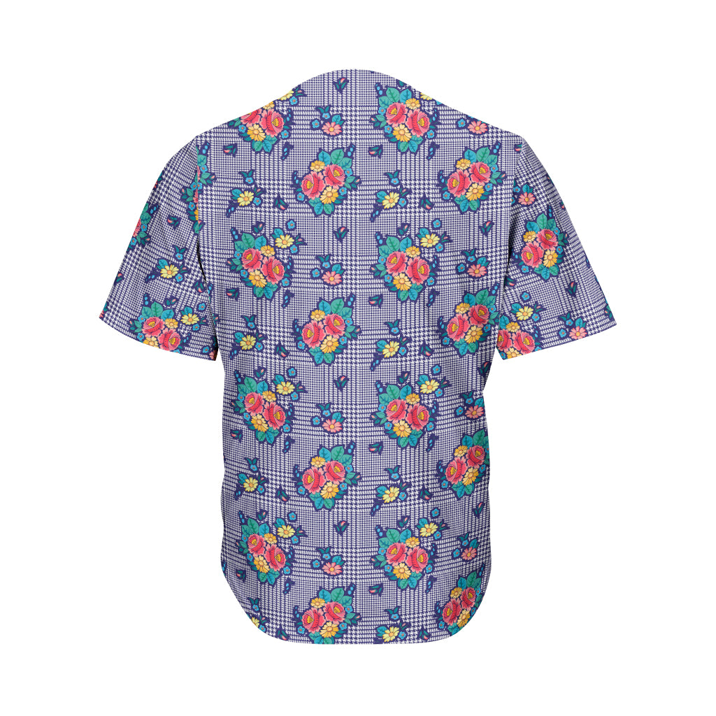 Blue And White Floral Glen Plaid Print Men's Baseball Jersey