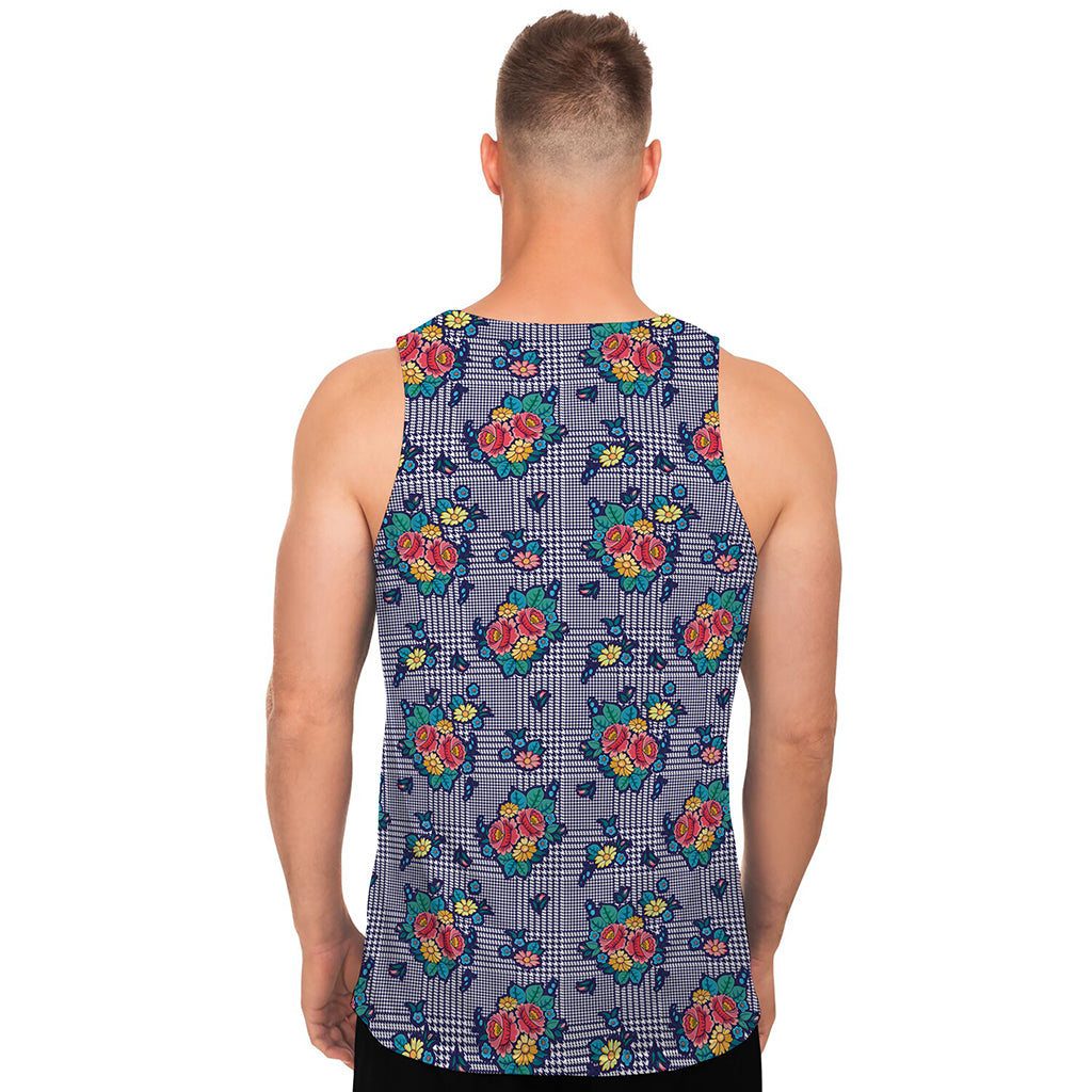 Blue And White Floral Glen Plaid Print Men's Tank Top