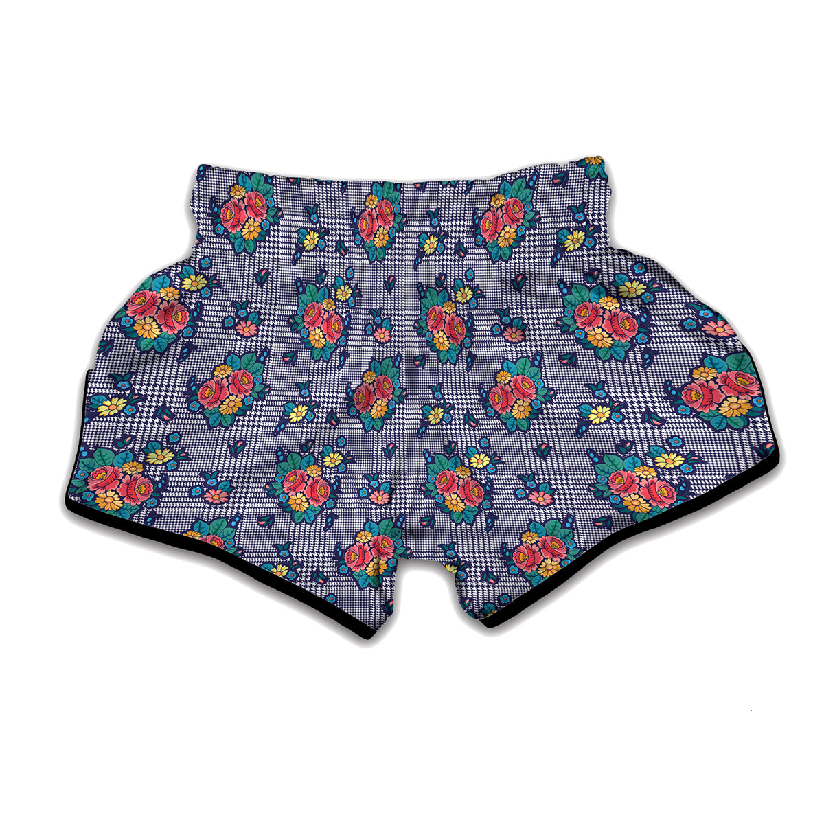 Blue And White Floral Glen Plaid Print Muay Thai Boxing Shorts