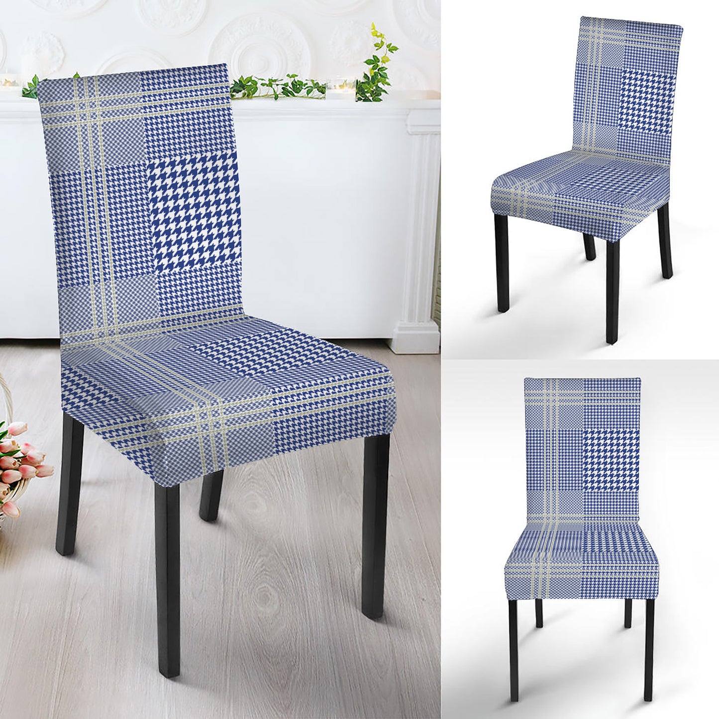 Blue And White Glen Plaid Print Dining Chair Slipcover