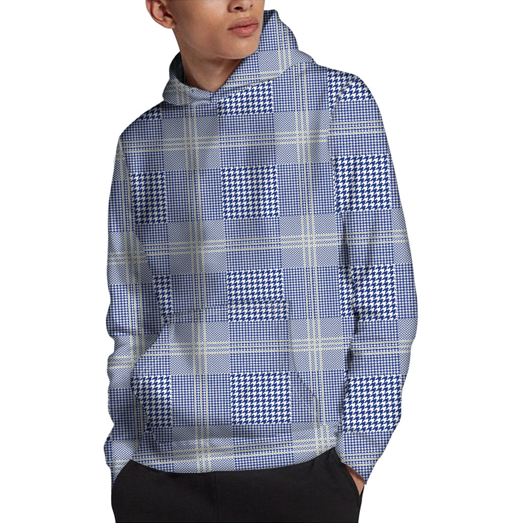 Blue And White Glen Plaid Print Pullover Hoodie