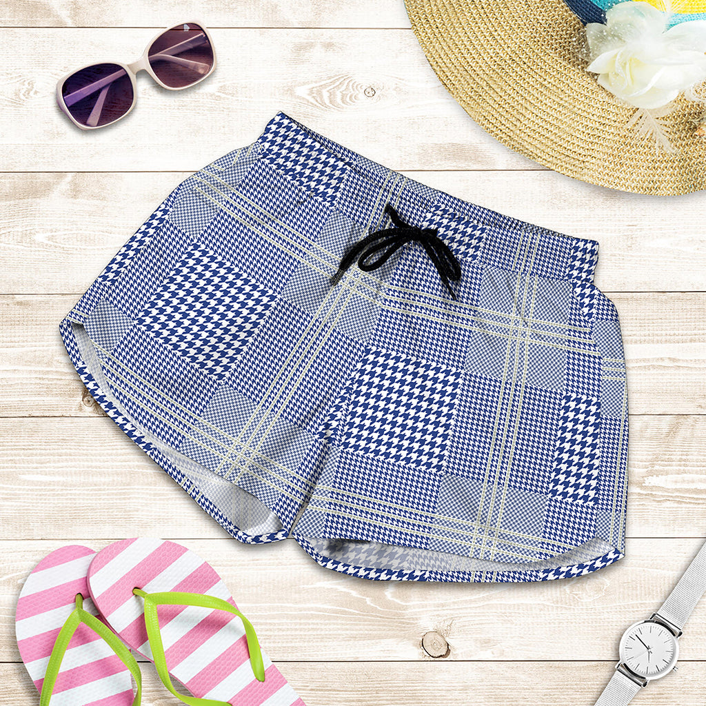 Blue And White Glen Plaid Print Women's Shorts