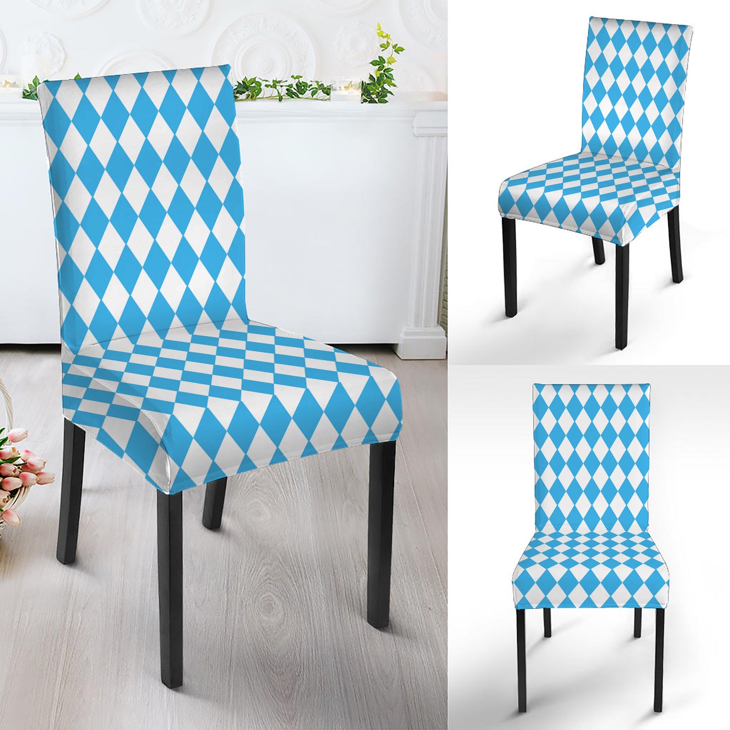 Blue And White Harlequin Pattern Print Dining Chair Slipcover