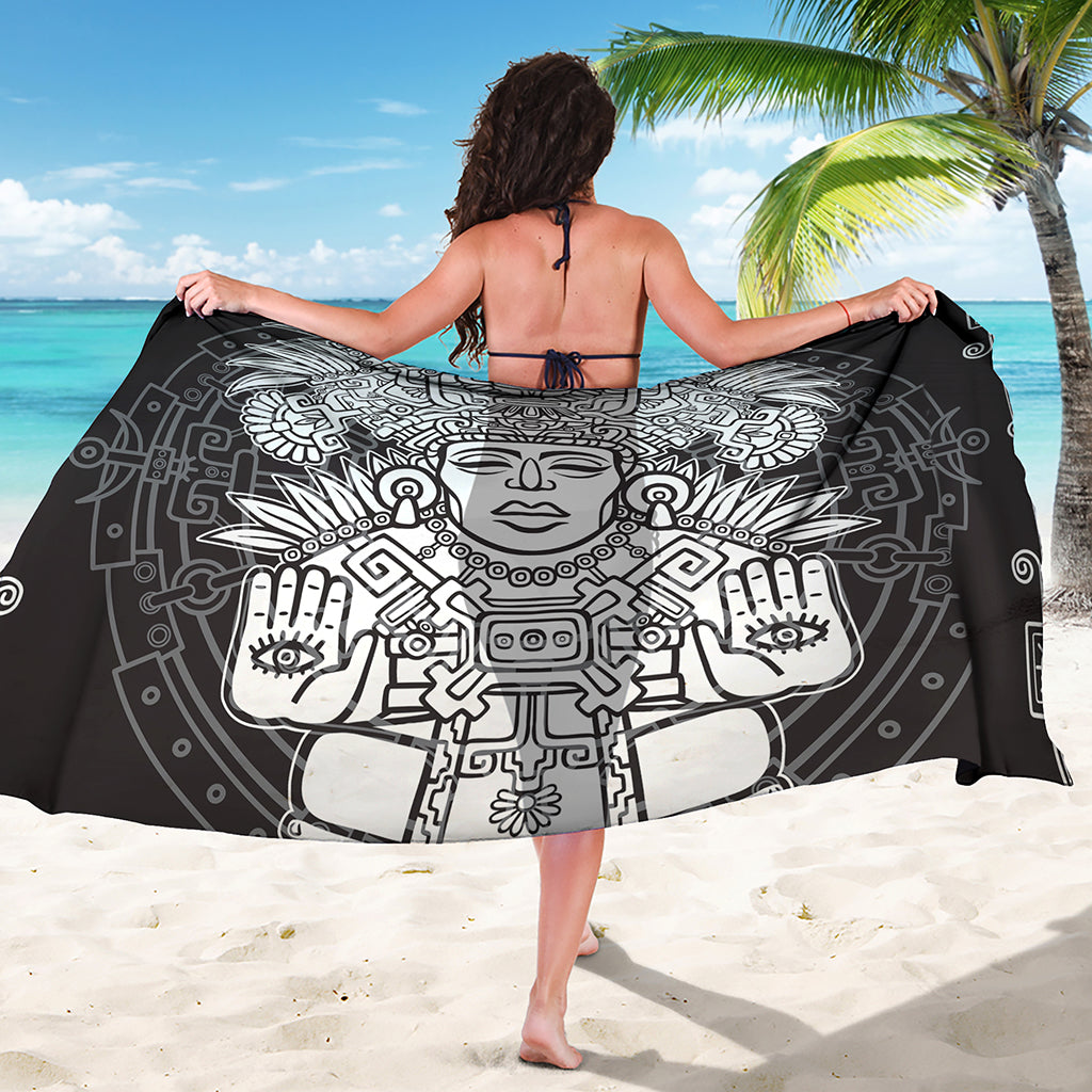 Blue And White Mayan Statue Print Beach Sarong Wrap