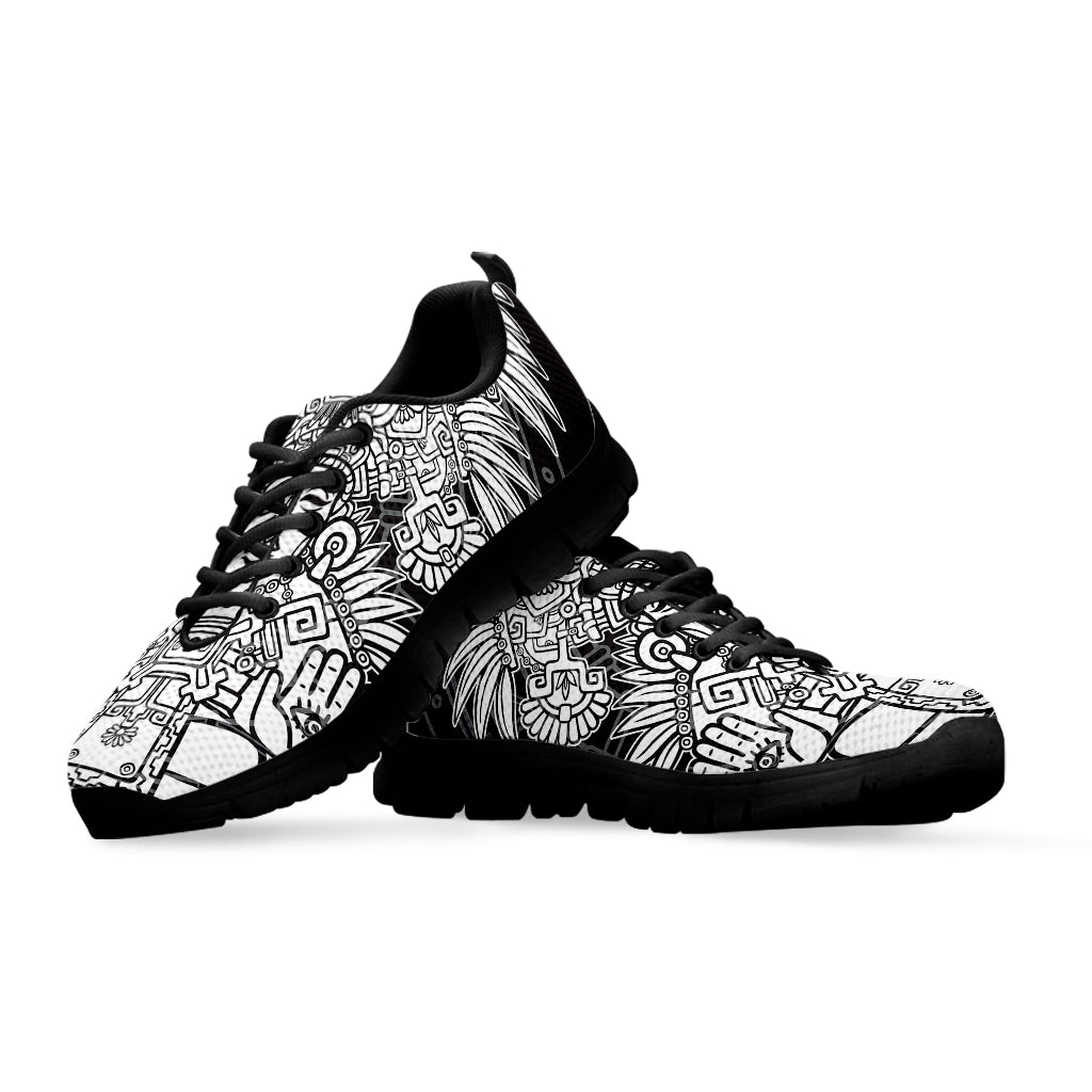 Blue And White Mayan Statue Print Black Sneakers