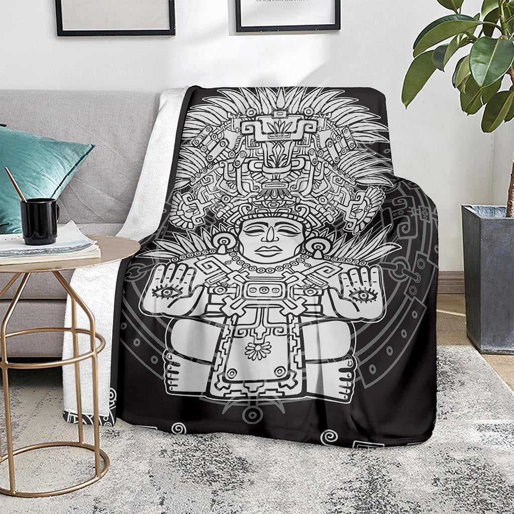 Blue And White Mayan Statue Print Blanket