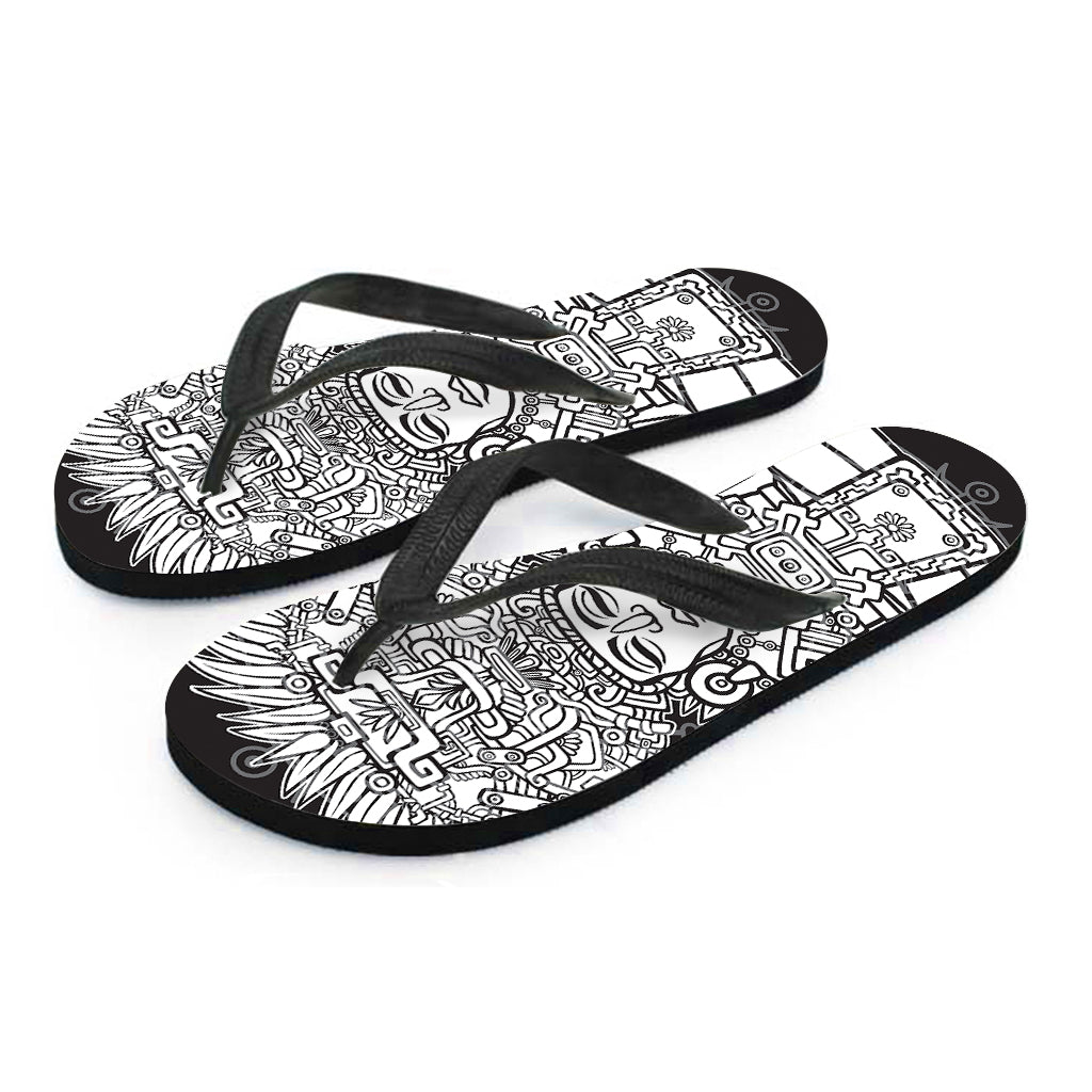 Blue And White Mayan Statue Print Flip Flops