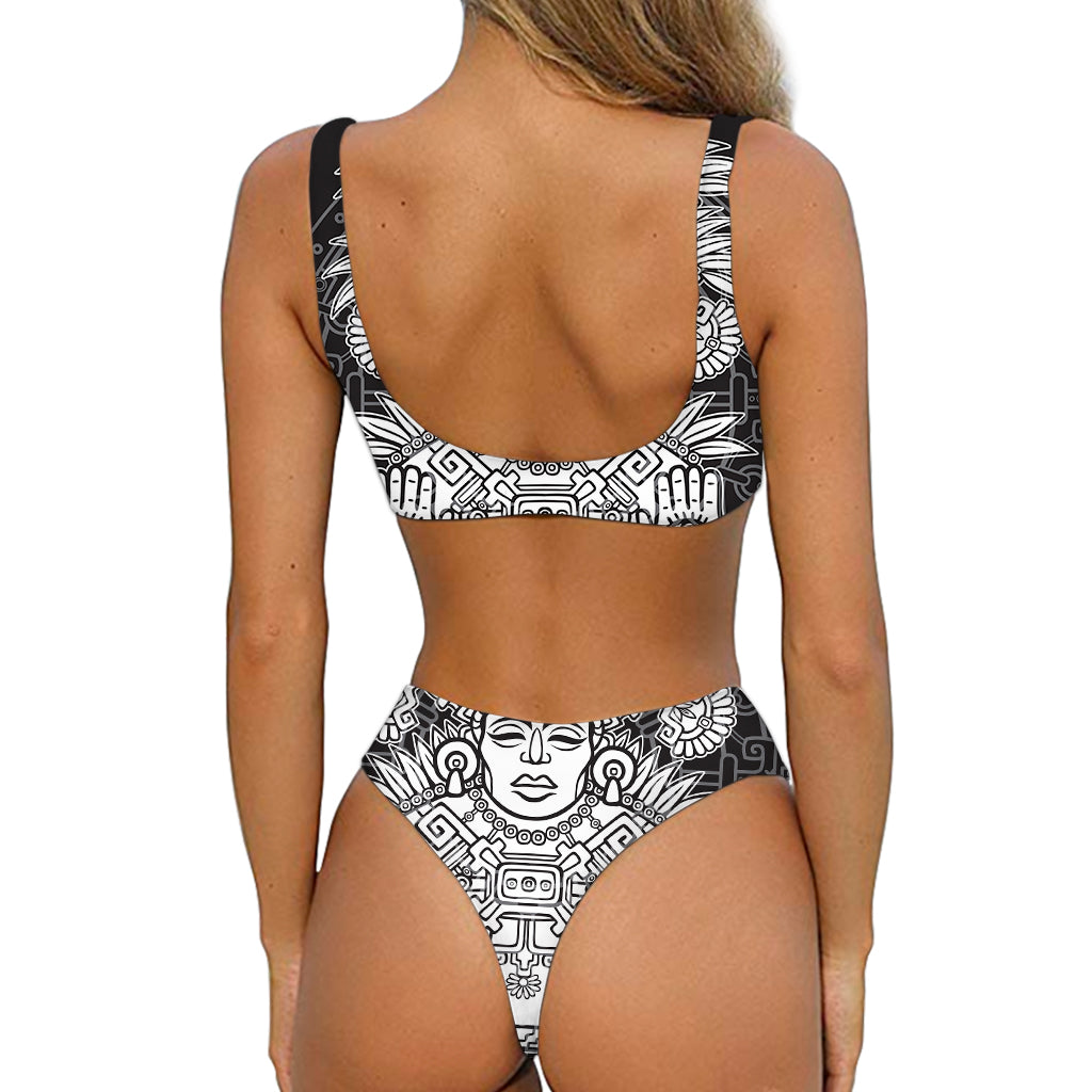 Blue And White Mayan Statue Print Front Bow Tie Bikini
