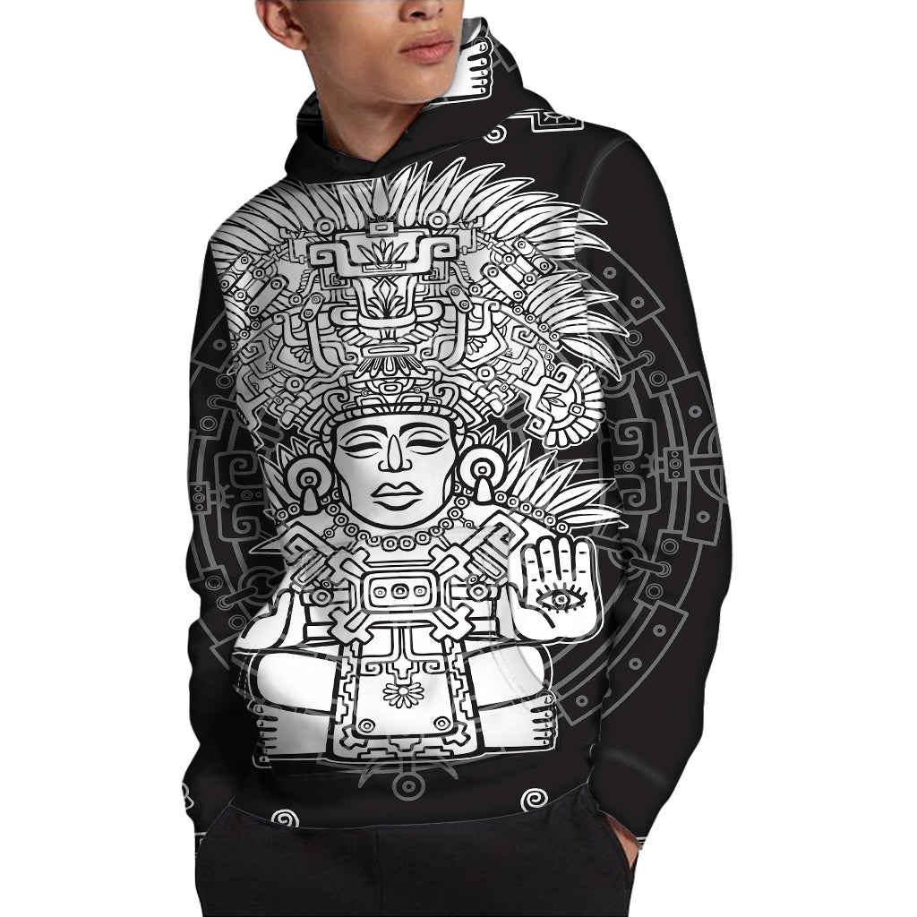 Blue And White Mayan Statue Print Pullover Hoodie