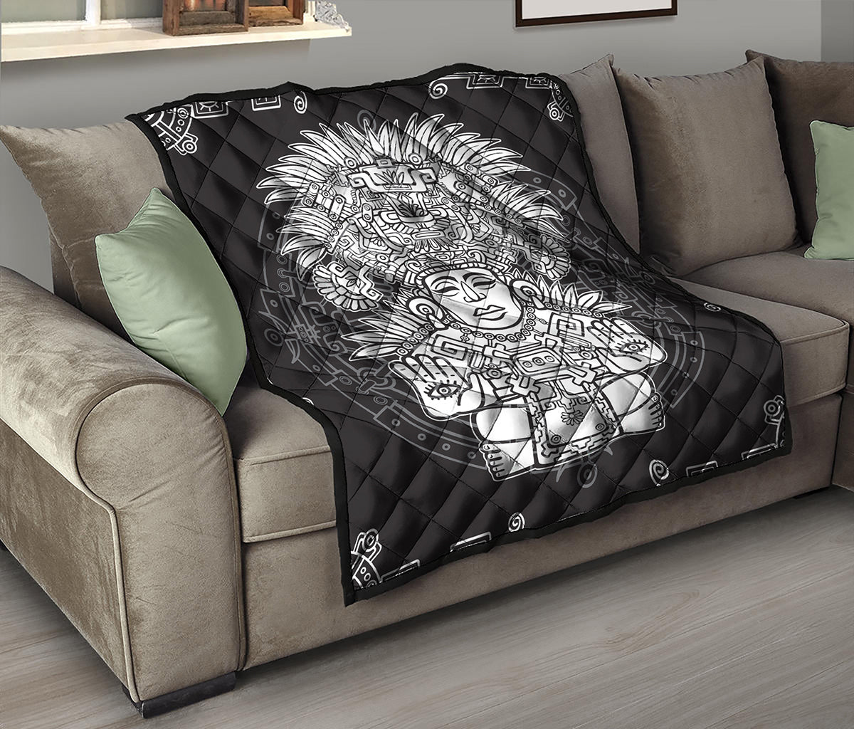 Blue And White Mayan Statue Print Quilt